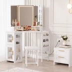 Toeletta da trucco angolare con sgabello e specchio, grande tavolo da trucco con contenitore, set di toeletta per camera da letto e piccoli spazi