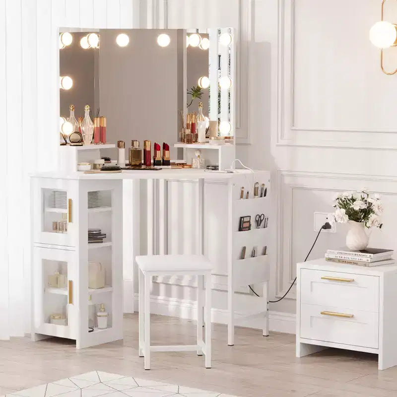 Toeletta da trucco angolare con sgabello e specchio, grande tavolo da trucco con contenitore, set di toeletta per camera da letto e piccoli spazi