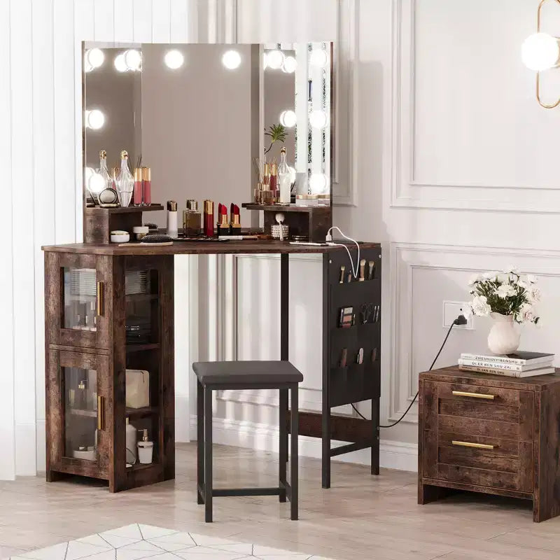 Toeletta da trucco angolare con sgabello e specchio, grande tavolo da trucco con contenitore, set di toeletta per camera da letto e piccoli spazi