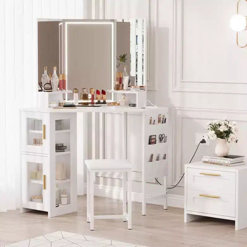 Toeletta da trucco angolare con sgabello e specchio, grande tavolo da trucco con contenitore, set di toeletta per camera da letto e piccoli spazi