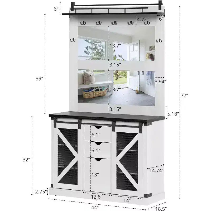 Acekool Mobile Ingresso con Scarpiere, 7 Ganci, 3 Cassetti Contenitori e Doppi Specchi, Panca Organizer per Ingresso, Mobili per Ingresso, Bianco