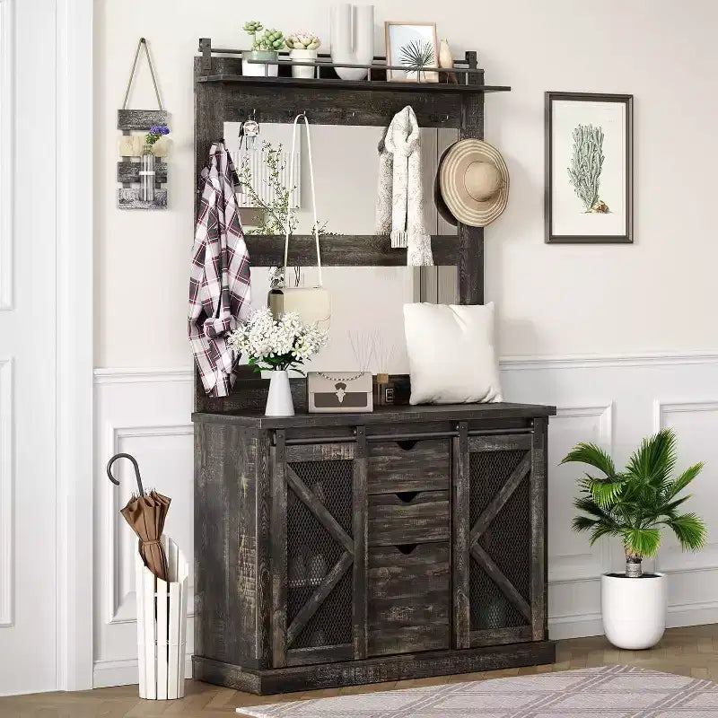 Acekool Mobile Ingresso con Scarpiere, 7 Ganci, 3 Cassetti Contenitori e Doppi Specchi, Panca Organizer per Ingresso, Mobili per Ingresso, Bianco