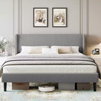 Coolmee Upholstered Full/Queen/King Bed Frame with Wingback Headboard, Velvet Upholstery Platform Bed, No Box Spring Needed, Wood Slats Support