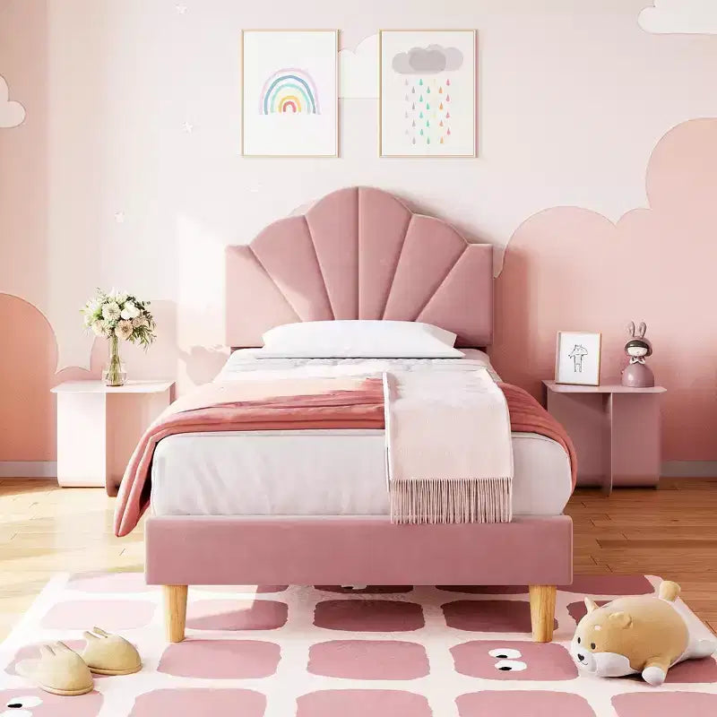 Coolmee Struttura Letto Singolo/Singolo XL, con Rivestimento in Velluto e Testiera Regolabile in Altezza per Bambini e Ragazzi, con Supporto a Doghe in Legno