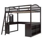 Letto a soppalco Polibi Full Size in legno con scrivania a U integrata, postazione con specchio da trucco e mensole portaoggetti