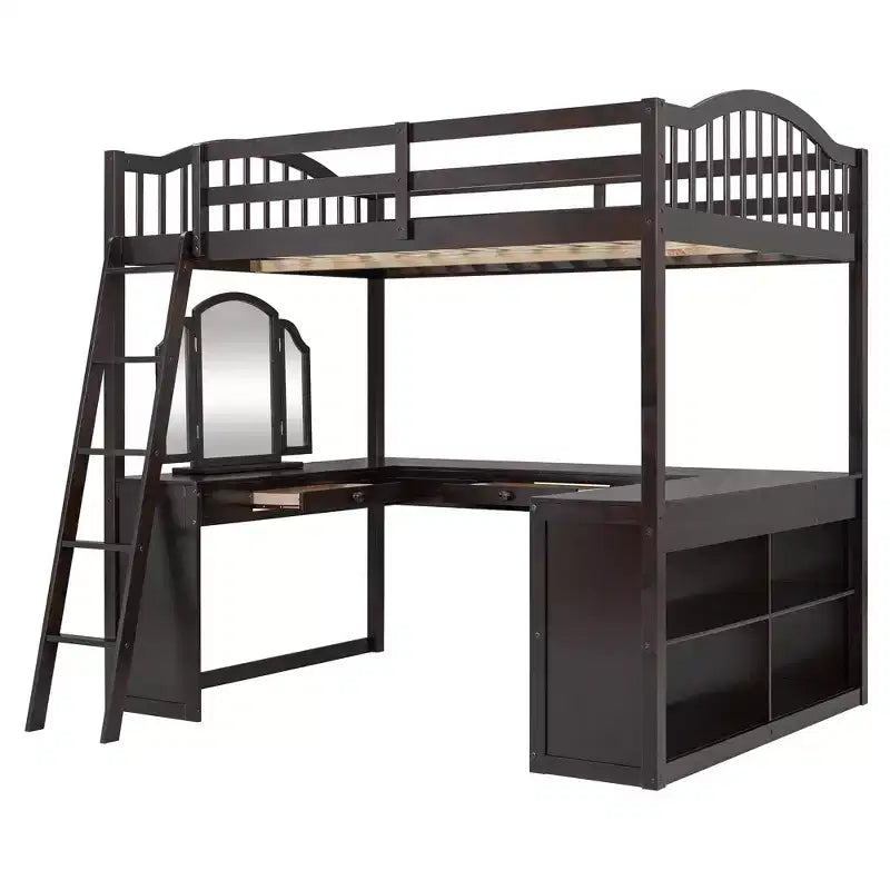 Letto a soppalco Polibi Full Size in legno con scrivania a U integrata, postazione con specchio da trucco e mensole portaoggetti
