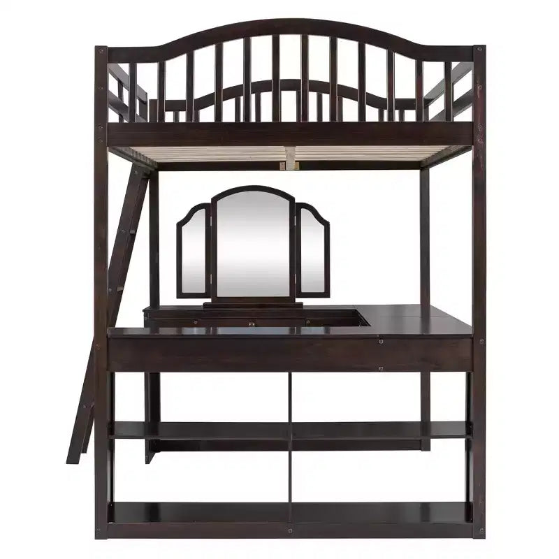 Letto a soppalco Polibi Full Size in legno con scrivania a U integrata, postazione con specchio da trucco e mensole portaoggetti