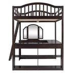 Letto a soppalco Polibi Full Size in legno con scrivania a U integrata, postazione con specchio da trucco e mensole portaoggetti