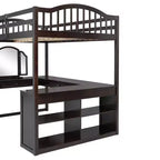 Letto a soppalco Polibi Full Size in legno con scrivania a U integrata, postazione con specchio da trucco e mensole portaoggetti