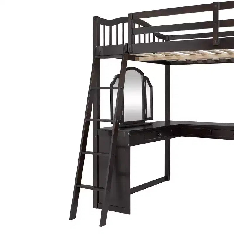 Letto a soppalco Polibi Full Size in legno con scrivania a U integrata, postazione con specchio da trucco e mensole portaoggetti