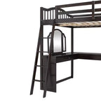 Letto a soppalco Polibi Full Size in legno con scrivania a U integrata, postazione con specchio da trucco e mensole portaoggetti