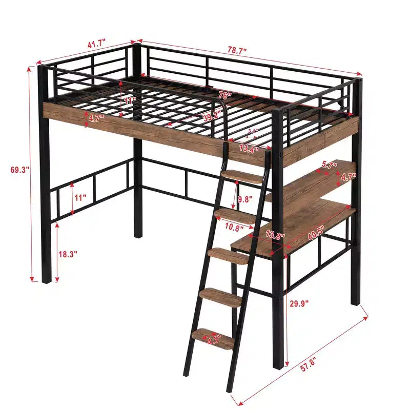 Letto a soppalco singolo in metallo con scrivania, struttura letto a soppalco singola con mensole portaoggetti per camera da letto, dormitorio di bambini e ragazzi