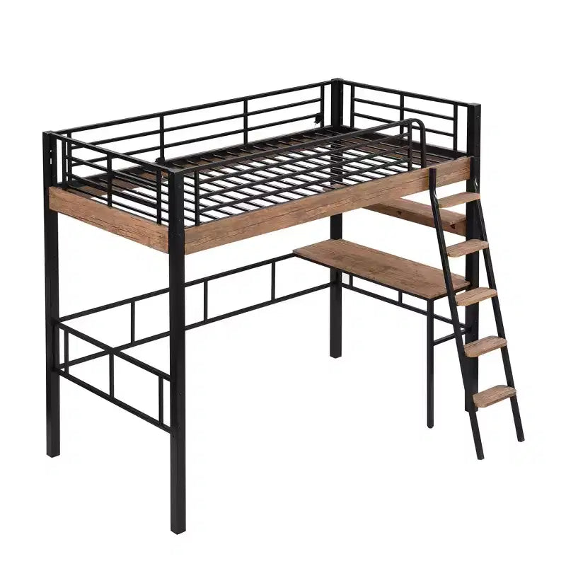 Letto a soppalco singolo in metallo con scrivania, struttura letto a soppalco singola con mensole portaoggetti per camera da letto, dormitorio di bambini e ragazzi