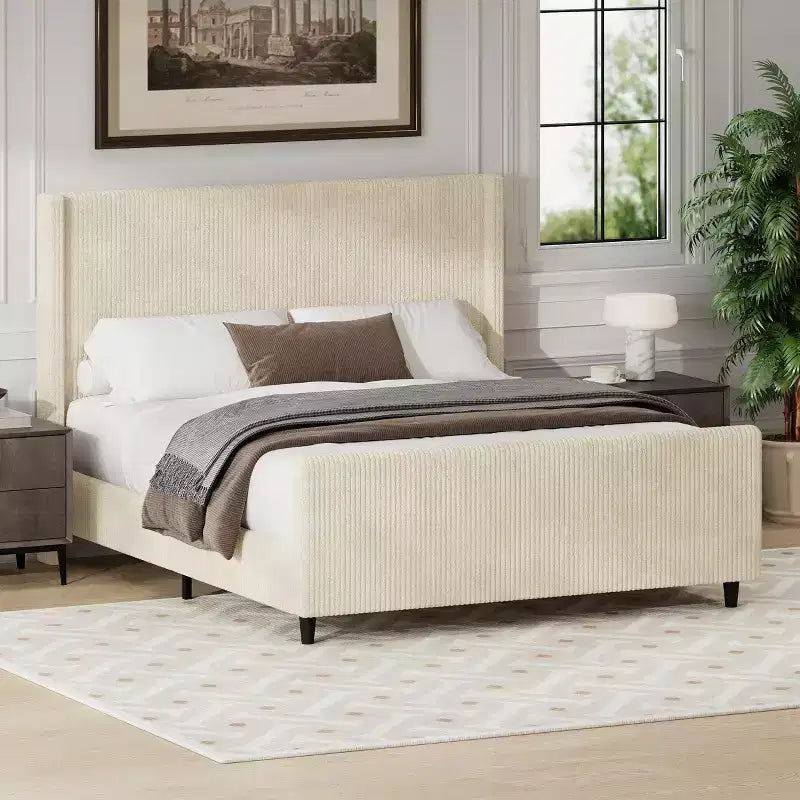 Whisen Corduroy Upholstered Bed Frame with Wingback Headboard - Cream
