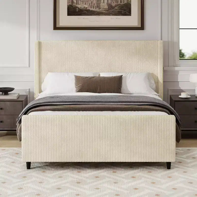 Struttura letto Whisen con rivestimento in velluto a coste e testiera ad ali – Crema
