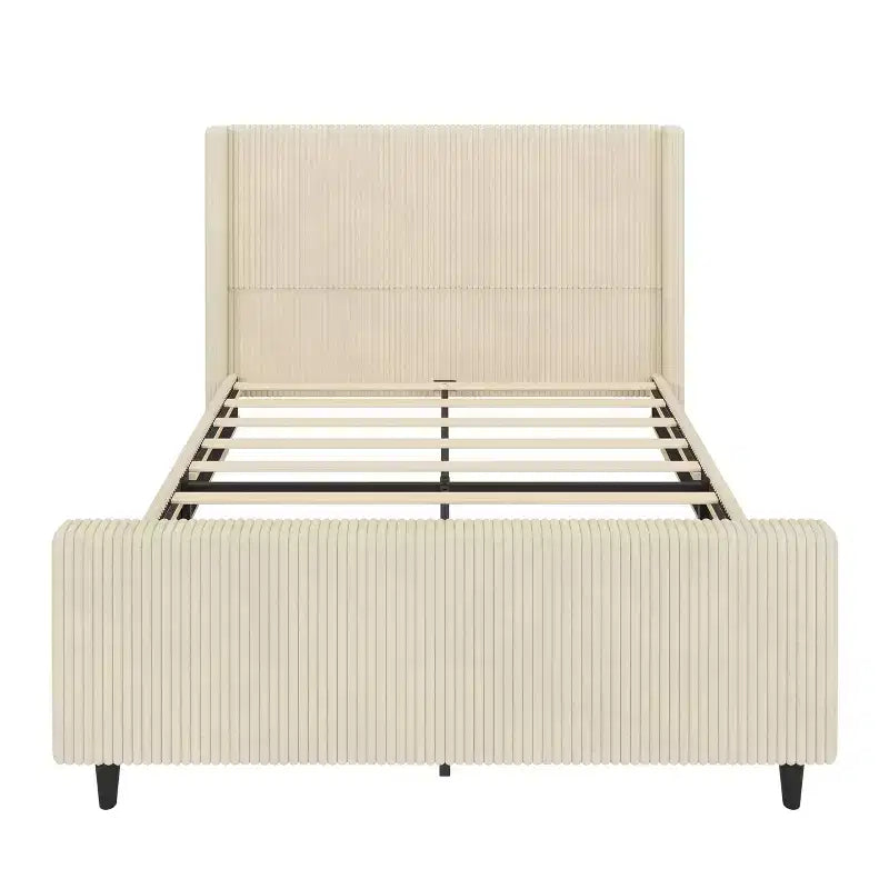 Struttura letto Whisen con rivestimento in velluto a coste e testiera ad ali – Crema