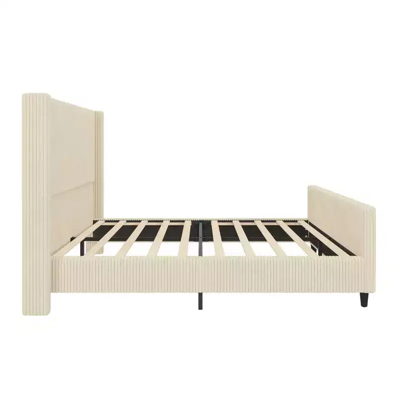 Struttura letto Whisen con rivestimento in velluto a coste e testiera ad ali – Crema
