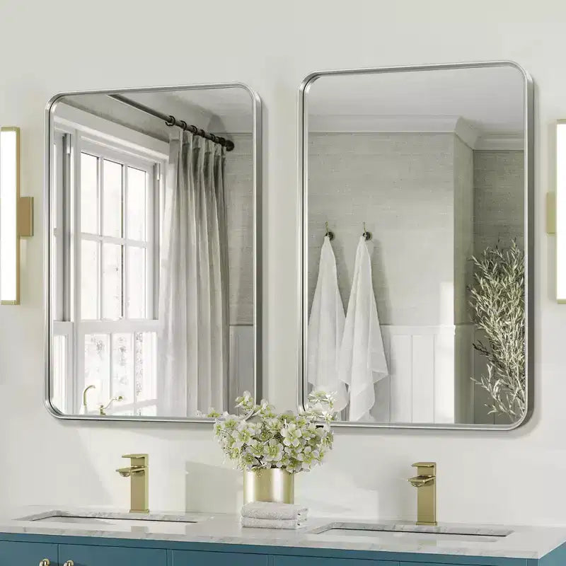 MAYEERTY Specchio da Parete con Angoli Arrotondati, Rettangolare in Lega di Alluminio, Finitura Argento Galvanizzato, Profondo 50x32x2in