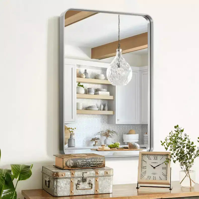MAYEERTY Specchio da Parete con Angoli Arrotondati, Rettangolare in Lega di Alluminio, Finitura Argento Galvanizzato, Profondo 50x32x2in