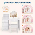 Toeletta per bambini con sedia, Vanity in legno da principessa, Specchio, Luci, Ripiani portaoggetti e Cassetti, Tavolino da trucco 2-in-1 per bambine