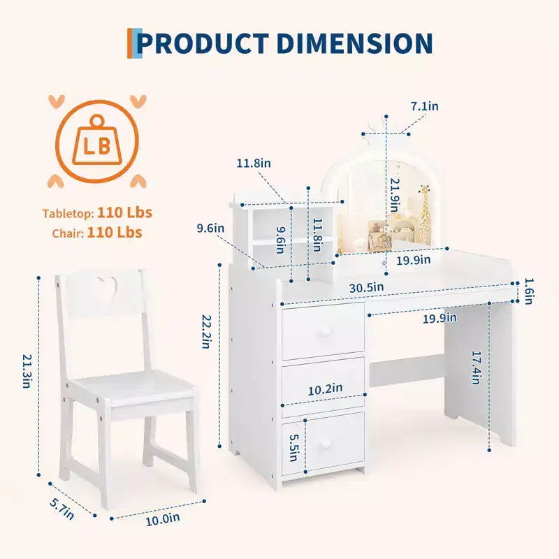 Toeletta per bambini con sedia, Vanity in legno da principessa, Specchio, Luci, Ripiani portaoggetti e Cassetti, Tavolino da trucco 2-in-1 per bambine