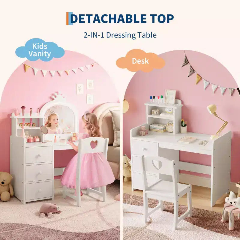 Toeletta per bambini con sedia, Vanity in legno da principessa, Specchio, Luci, Ripiani portaoggetti e Cassetti, Tavolino da trucco 2-in-1 per bambine