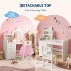 Toeletta per bambini con sedia, Vanity in legno da principessa, Specchio, Luci, Ripiani portaoggetti e Cassetti, Tavolino da trucco 2-in-1 per bambine