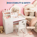 Toeletta per bambini con sedia, Vanity in legno da principessa, Specchio, Luci, Ripiani portaoggetti e Cassetti, Tavolino da trucco 2-in-1 per bambine