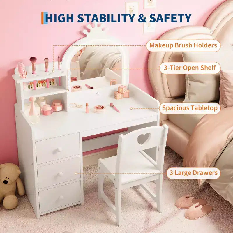 Toeletta per bambini con sedia, Vanity in legno da principessa, Specchio, Luci, Ripiani portaoggetti e Cassetti, Tavolino da trucco 2-in-1 per bambine