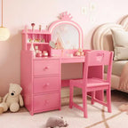 Toeletta per bambini con sedia, Vanity in legno da principessa, Specchio, Luci, Ripiani portaoggetti e Cassetti, Tavolino da trucco 2-in-1 per bambine
