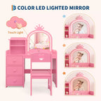 Toeletta per bambini con sedia, Vanity in legno da principessa, Specchio, Luci, Ripiani portaoggetti e Cassetti, Tavolino da trucco 2-in-1 per bambine