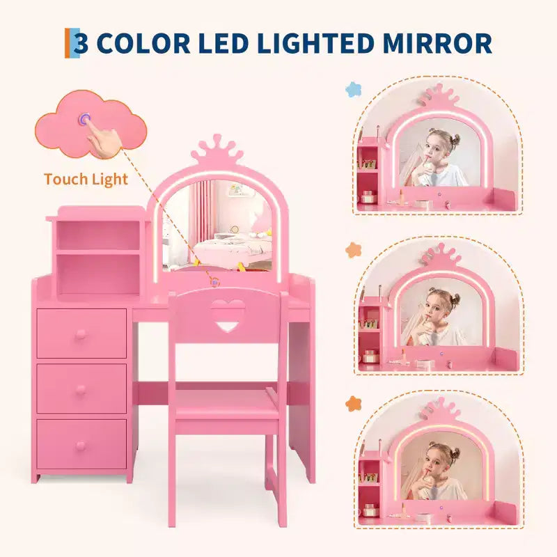 Toeletta per bambini con sedia, Vanity in legno da principessa, Specchio, Luci, Ripiani portaoggetti e Cassetti, Tavolino da trucco 2-in-1 per bambine