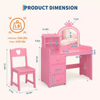 Toeletta per bambini con sedia, Vanity in legno da principessa, Specchio, Luci, Ripiani portaoggetti e Cassetti, Tavolino da trucco 2-in-1 per bambine