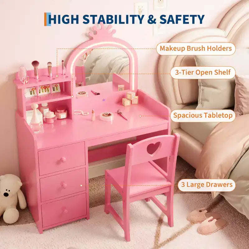 Toeletta per bambini con sedia, Vanity in legno da principessa, Specchio, Luci, Ripiani portaoggetti e Cassetti, Tavolino da trucco 2-in-1 per bambine
