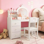 Toeletta per bambini con sedia, Vanity in legno da principessa, Specchio, Luci, Ripiani portaoggetti e Cassetti, Tavolino da trucco 2-in-1 per bambine