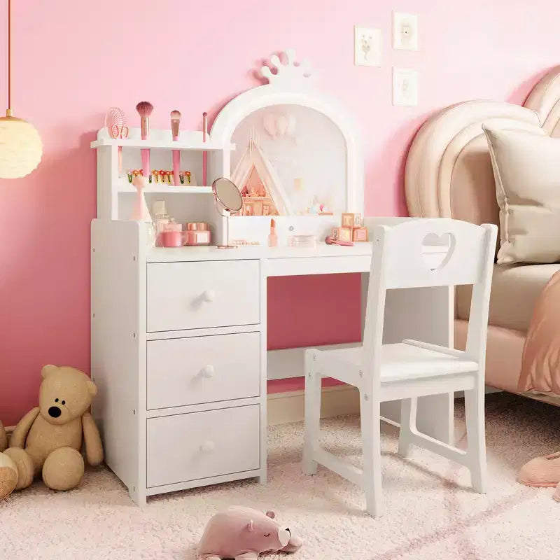 Toeletta per bambini con sedia, Vanity in legno da principessa, Specchio, Luci, Ripiani portaoggetti e Cassetti, Tavolino da trucco 2-in-1 per bambine