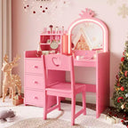 Kids Vanity Desk with Chair, Princess Wooden Makeup Vanity, Mirror, Lights, Storage Shelves and Drawers, 2-in-1 Girls Dressing Table