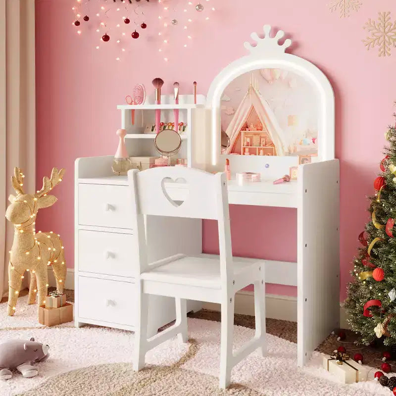 Toeletta per bambini con sedia, Vanity in legno da principessa, Specchio, Luci, Ripiani portaoggetti e Cassetti, Tavolino da trucco 2-in-1 per bambine