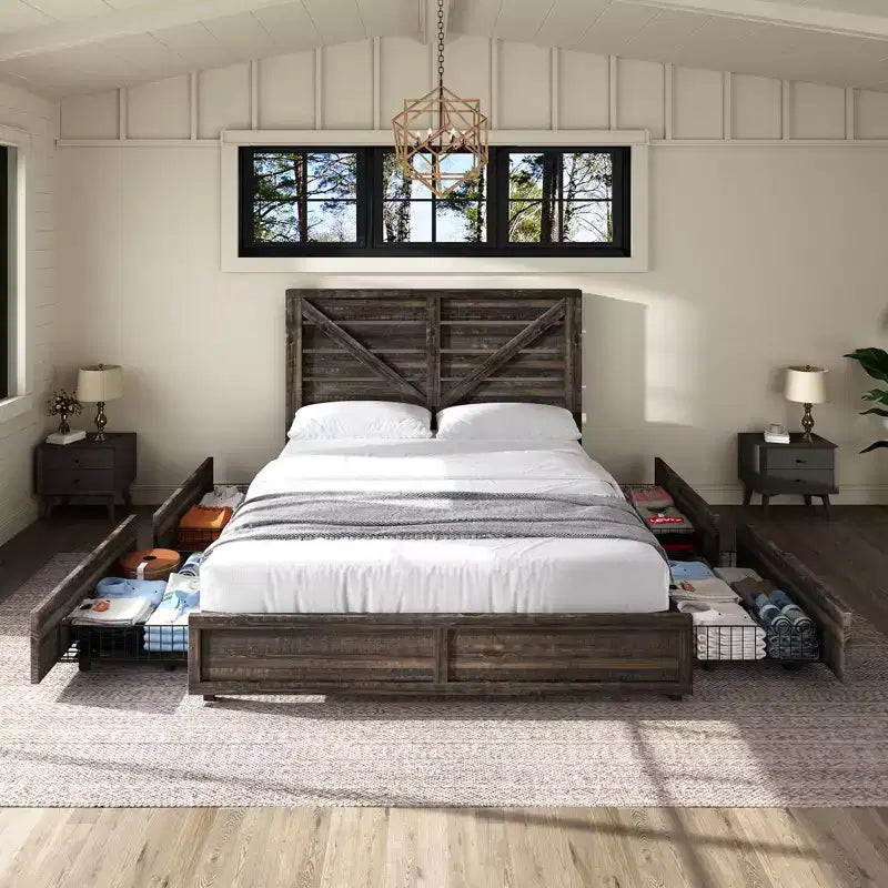 AMERLIFE 48,8 H Telaio letto con 4 cassetti contenitore, testiera a porta di fienile, venature del legno rustico, nessuna molla necessaria