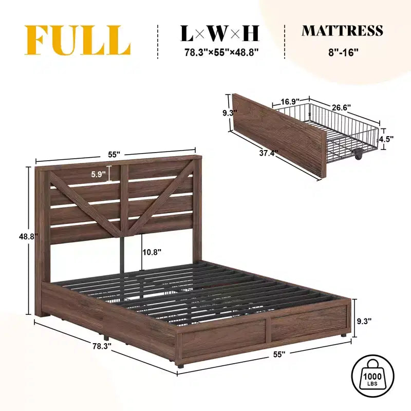 AMERLIFE 48,8 H Telaio letto con 4 cassetti contenitore, testiera a porta di fienile, venature del legno rustico, nessuna molla necessaria