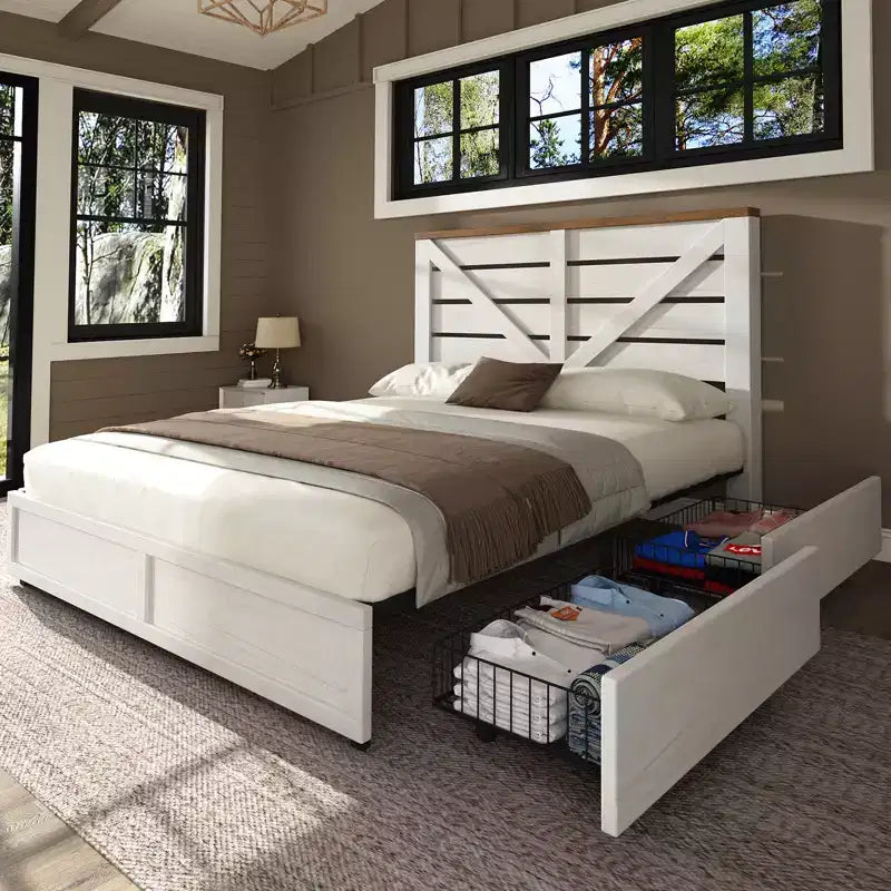 AMERLIFE 48,8 H Telaio letto con 4 cassetti contenitore, testiera a porta di fienile, venature del legno rustico, nessuna molla necessaria