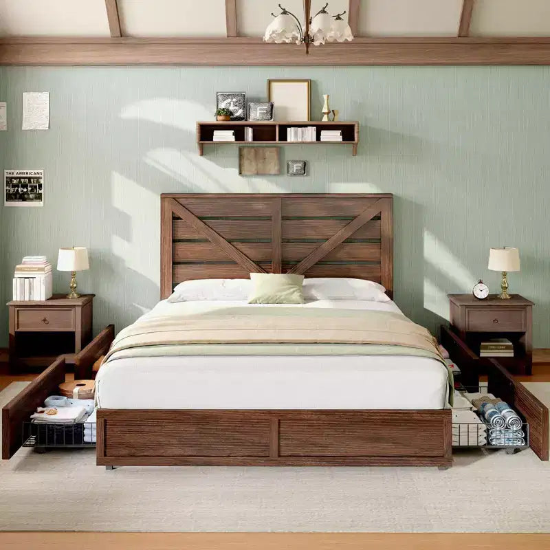 AMERLIFE 48,8 H Telaio letto con 4 cassetti contenitore, testiera a porta di fienile, venature del legno rustico, nessuna molla necessaria