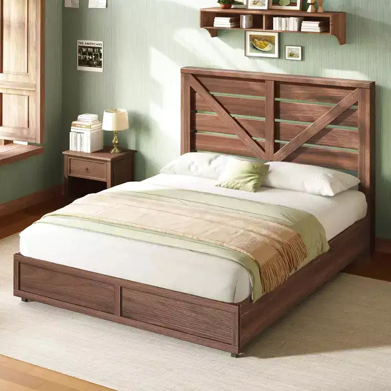 AMERLIFE 48,8 H Telaio letto con 4 cassetti contenitore, testiera a porta di fienile, venature del legno rustico, nessuna molla necessaria
