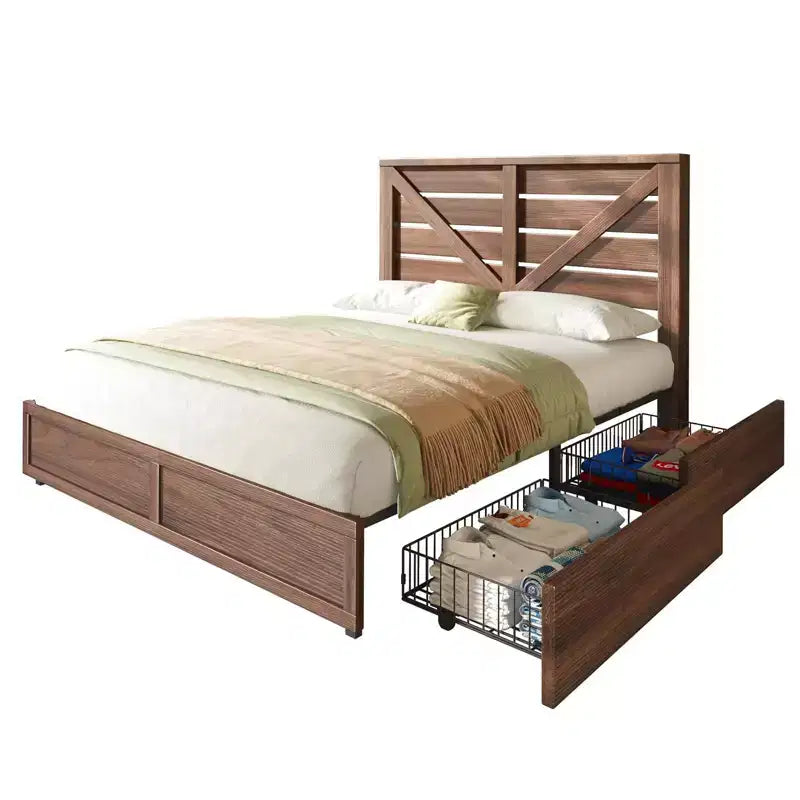 AMERLIFE 48,8 H Telaio letto con 4 cassetti contenitore, testiera a porta di fienile, venature del legno rustico, nessuna molla necessaria