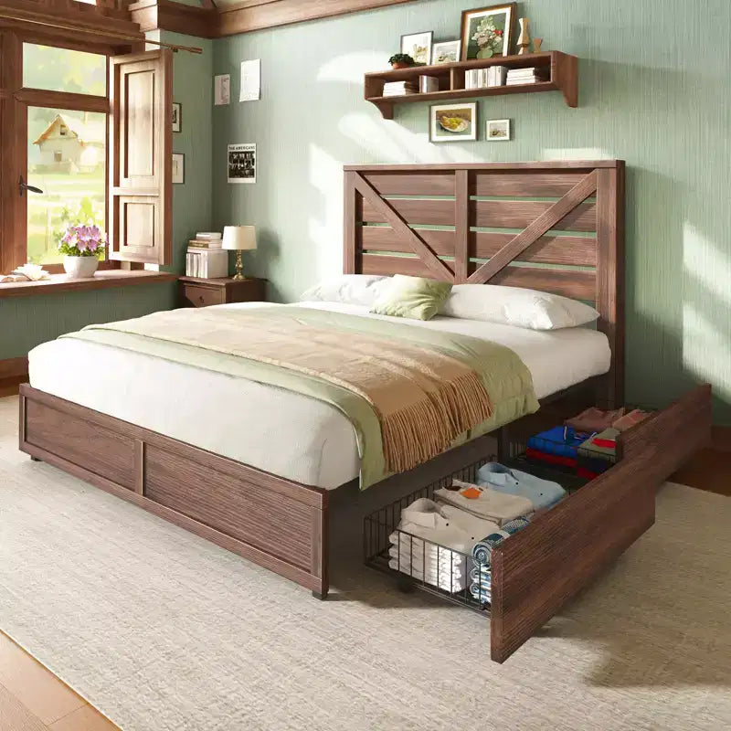 AMERLIFE 48.8 H Bed Frame with 4 Storage Drawers, Barn Door Headboard, Rustic Wood Grain, No Box Spring Needed