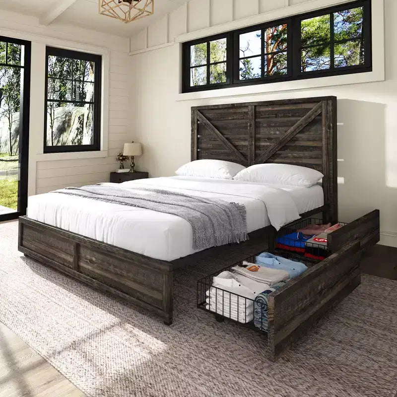 AMERLIFE 48,8 H Telaio letto con 4 cassetti contenitore, testiera a porta di fienile, venature del legno rustico, nessuna molla necessaria