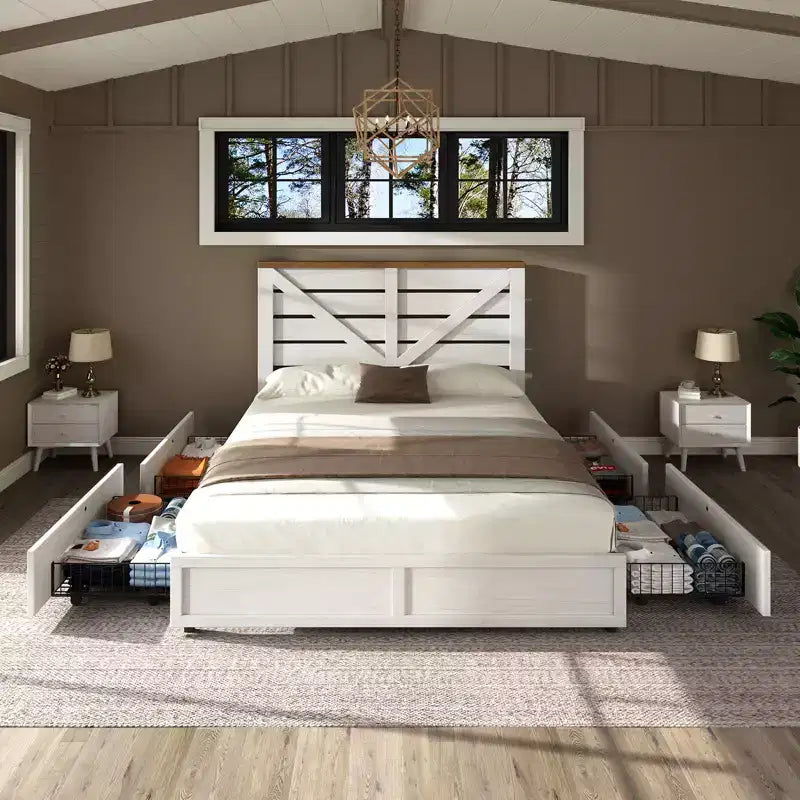 AMERLIFE 48,8 H Telaio letto con 4 cassetti contenitore, testiera a porta di fienile, venature del legno rustico, nessuna molla necessaria