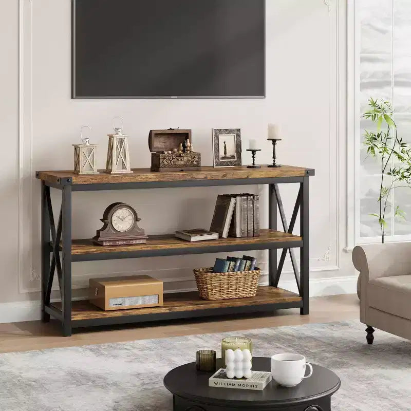 Acekool Tavolino consolle lungo 47 con 3 ripiani portaoggetti, tavolo da divano in stile industriale per ingresso, corridoio, soggiorno, camera da letto