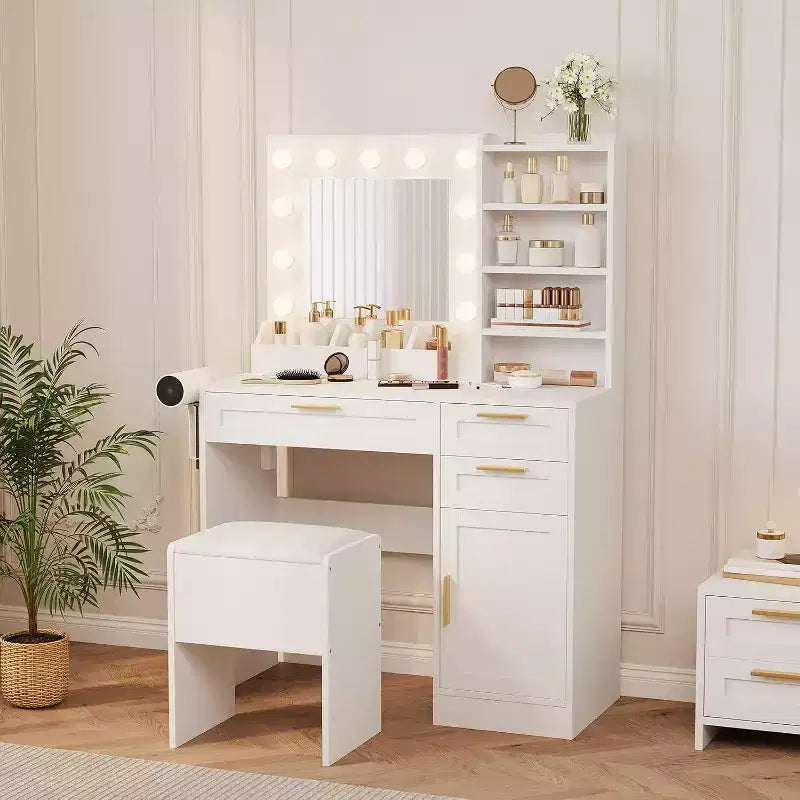 Acekool Toeletta Bianca con Specchio Illuminato a LED, Presa di Corrente, 3 Cassetti, Porte USB, Mobile Contenitore e Sgabello per Camera da Letto o Dormitorio