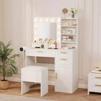 Acekool Toeletta Bianca con Specchio Illuminato a LED, Presa di Corrente, 3 Cassetti, Porte USB, Mobile Contenitore e Sgabello per Camera da Letto o Dormitorio